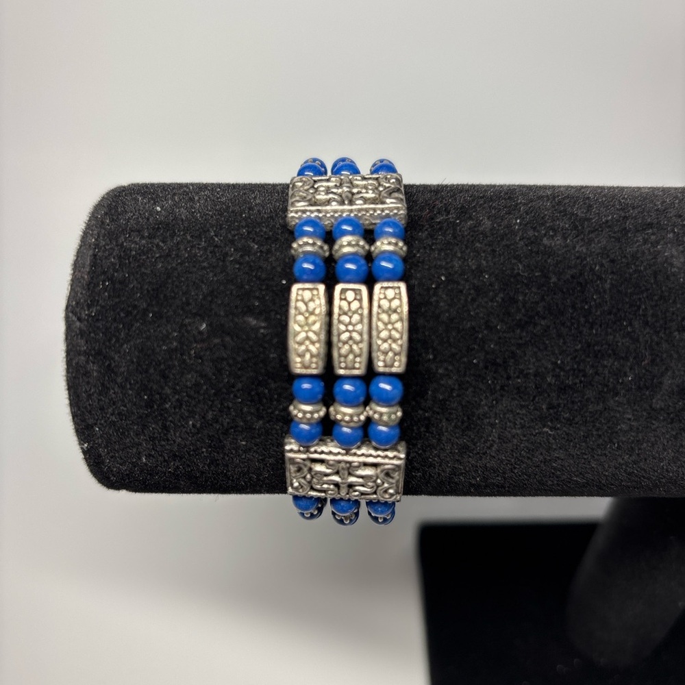 Vintage Lapis Lazuli Bracelet Triple Strand Blue Beads Silver Tone 6.5"